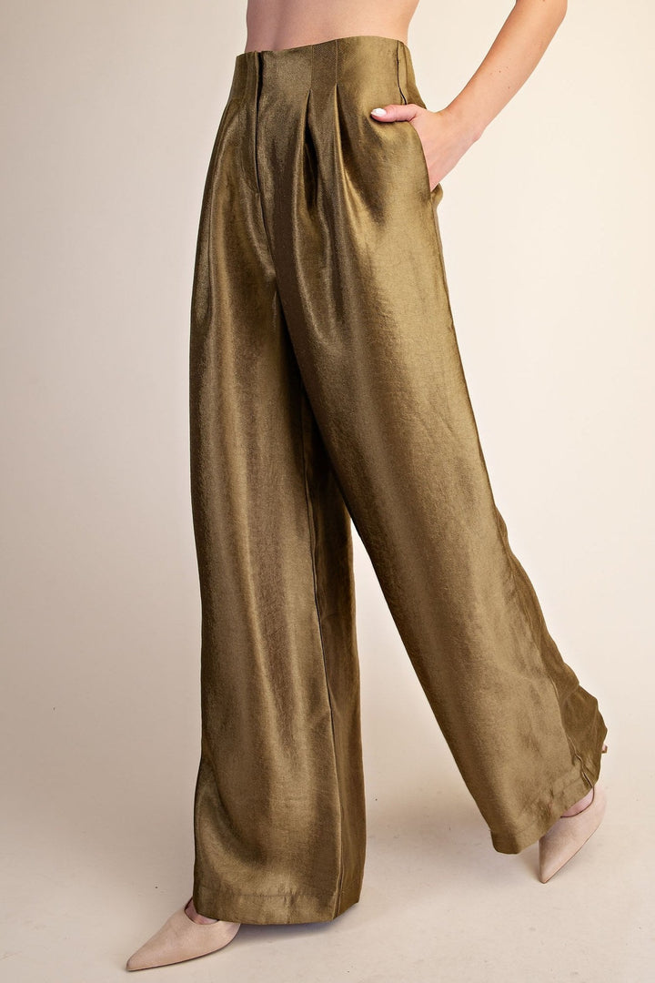 Olive Metallic High Waist Pleated Wide Leg Pants - STYLED BY ALX COUTUREPants
