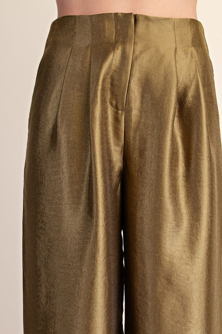 Olive Metallic High Waist Pleated Wide Leg Pants - STYLED BY ALX COUTUREPants
