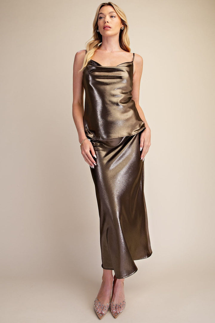 Olive Metallic Shimmer Satin Cami and Midi Skirt Set - STYLED BY ALX COUTUREOutfit Sets