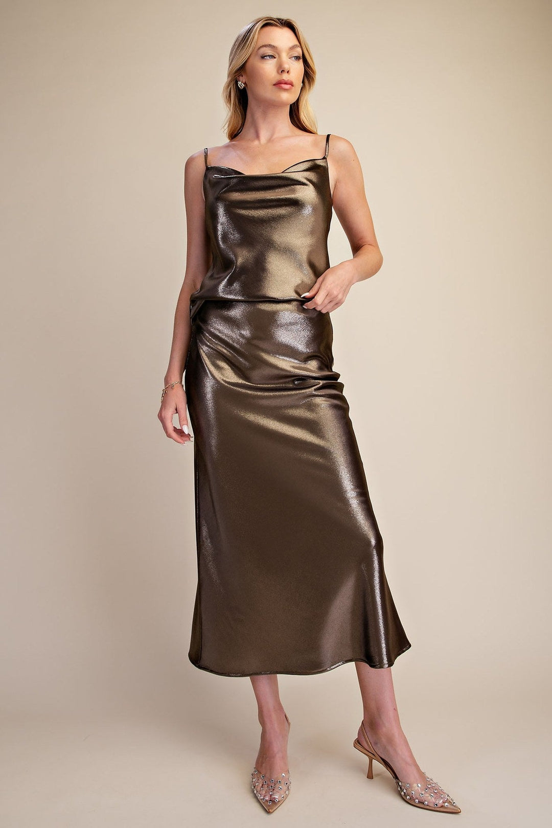 Olive Metallic Shimmer Satin Cami and Midi Skirt Set - STYLED BY ALX COUTUREOutfit Sets