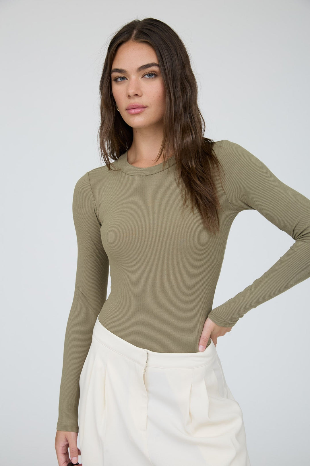 Olive Round Neck Long Sleeve Sweater Knit Bodysuit - STYLED BY ALX COUTUREBodysuits