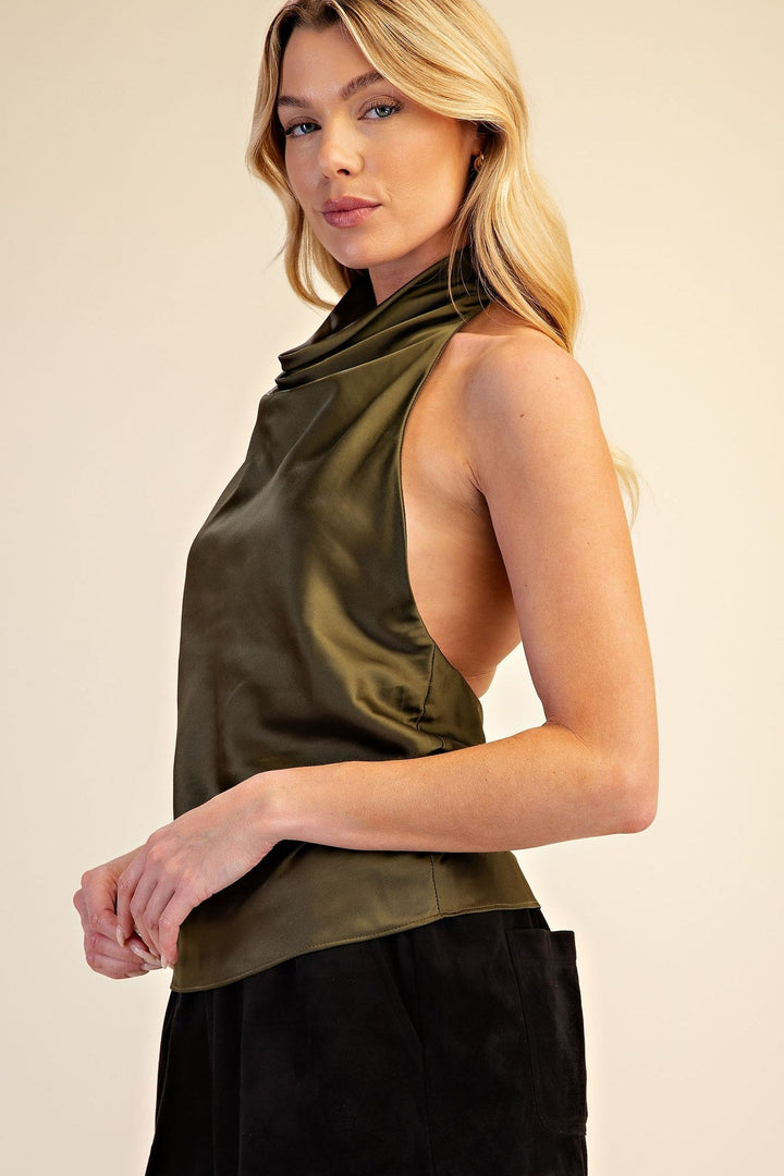 Olive Satin Halter Cowl Neck Open Back Top - STYLED BY ALX COUTURETops