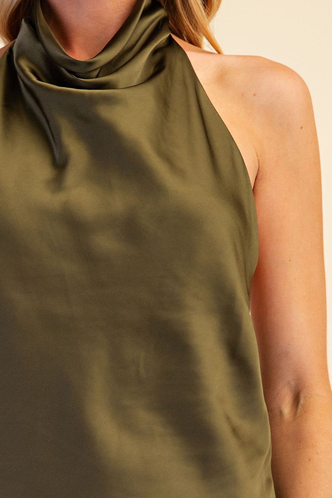 Olive Satin Halter Cowl Neck Open Back Top - STYLED BY ALX COUTURETops