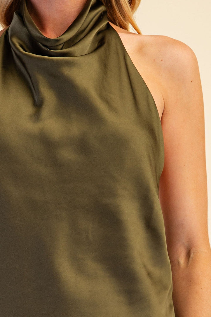 Olive Satin Halter Cowl Neck Open Back Top - STYLED BY ALX COUTURETops