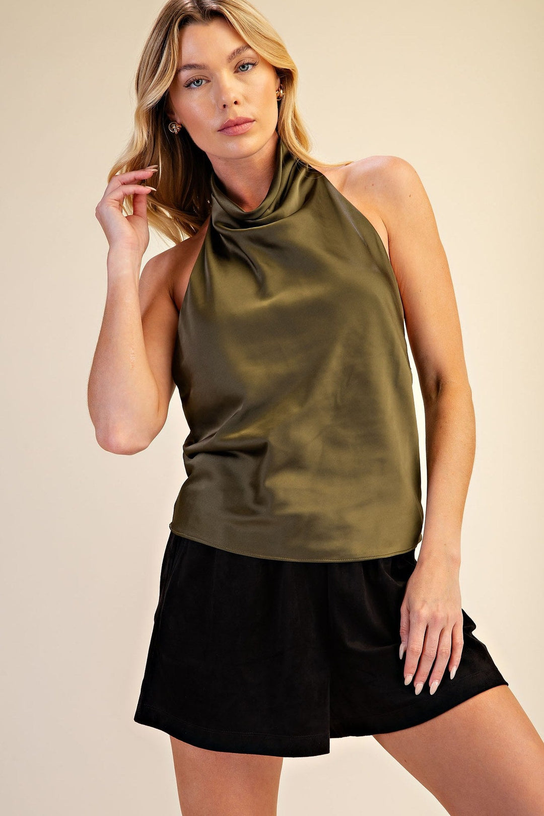 Olive Satin Halter Cowl Neck Open Back Top - STYLED BY ALX COUTURETops