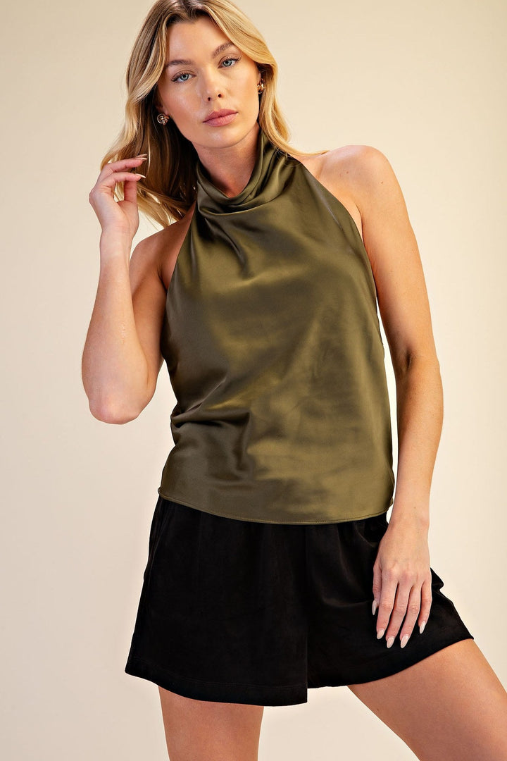 Olive Satin Halter Cowl Neck Open Back Top - STYLED BY ALX COUTURETops