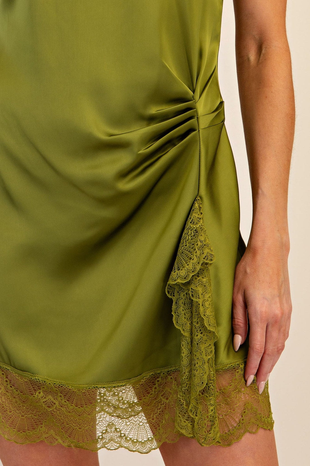 Olive Satin High Neck Lace Trim Mini Dress - STYLED BY ALX COUTUREDresses