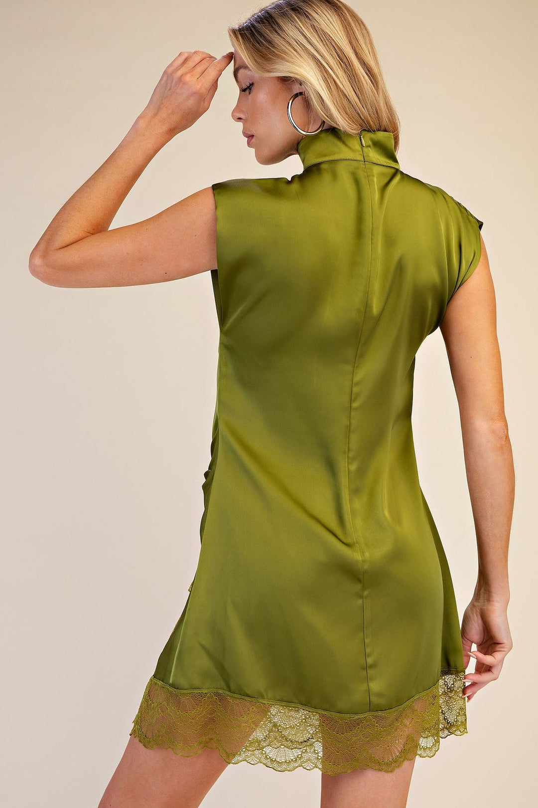 Olive Satin High Neck Lace Trim Mini Dress - STYLED BY ALX COUTUREDresses