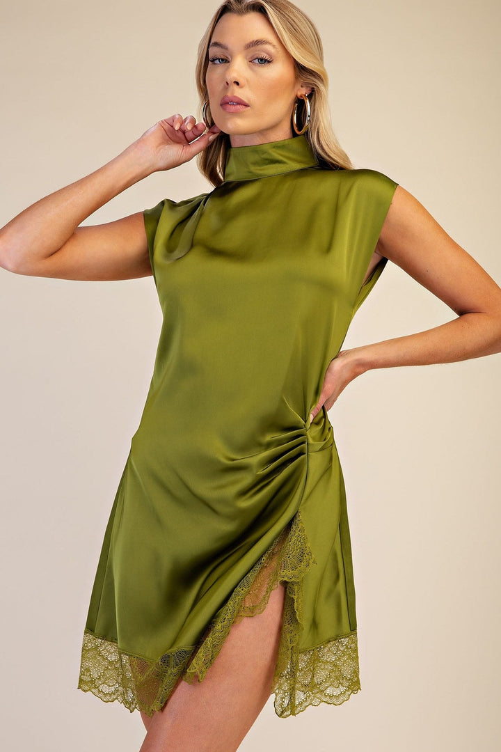 Olive Satin High Neck Lace Trim Mini Dress - STYLED BY ALX COUTUREDresses