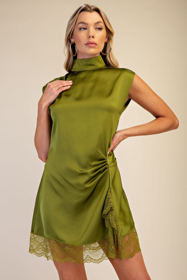 Olive Satin High Neck Lace Trim Mini Dress - STYLED BY ALX COUTUREDresses