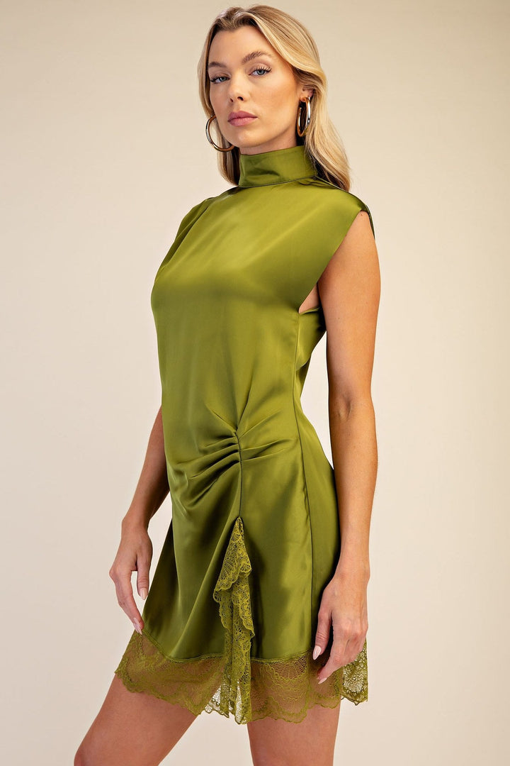 Olive Satin High Neck Lace Trim Mini Dress - STYLED BY ALX COUTUREDresses