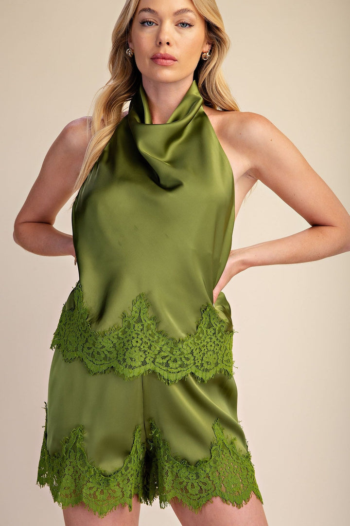 Olive Satin Lace Trim Halter Cowl Neck Open Back Top - STYLED BY ALX COUTURETops