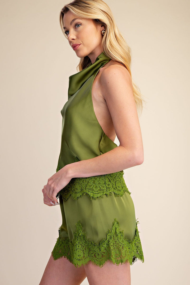 Olive Satin Lace Trim Halter Cowl Neck Open Back Top - STYLED BY ALX COUTURETops