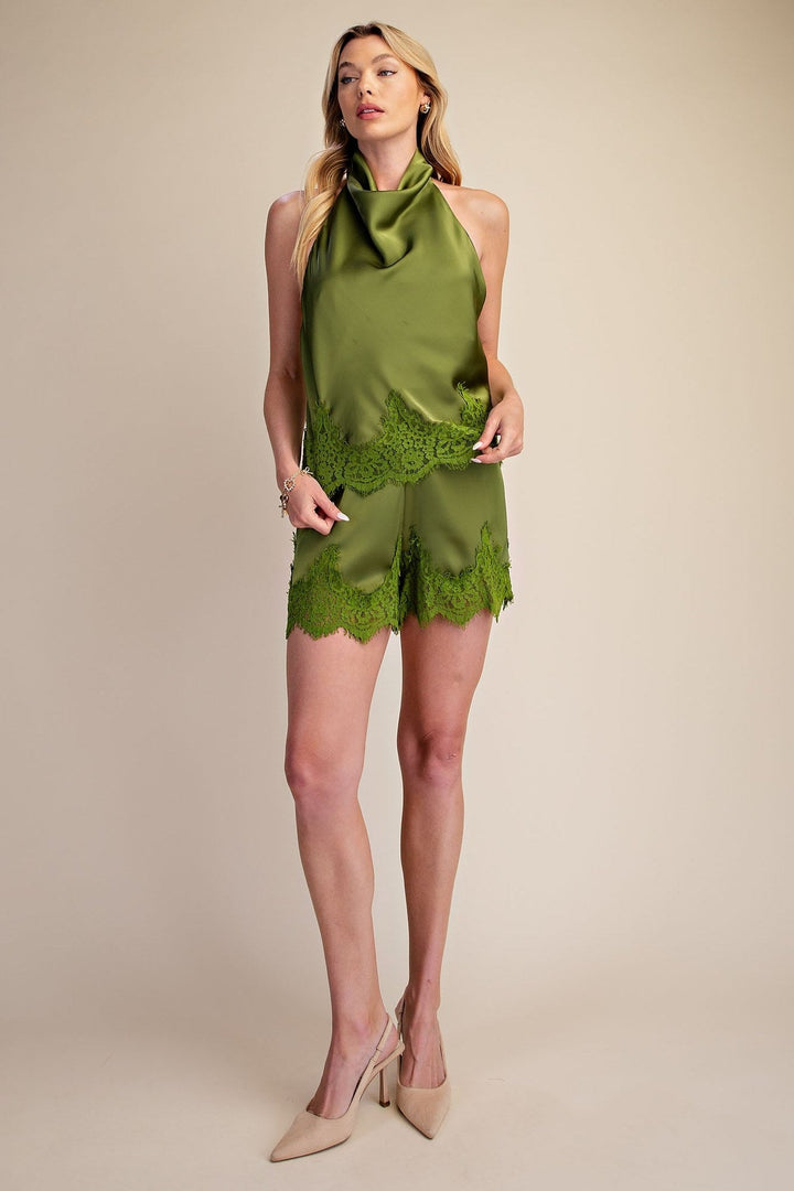 Olive Satin Lace Trim Halter Cowl Neck Open Back Top - STYLED BY ALX COUTURETops