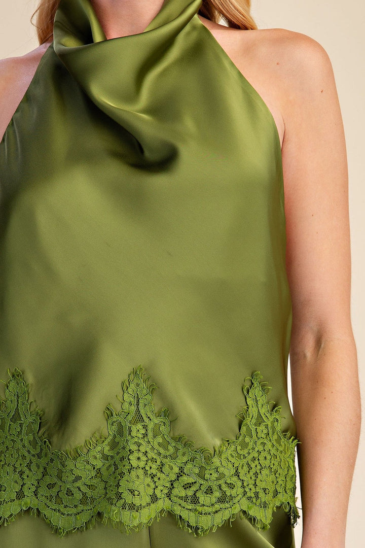Olive Satin Lace Trim Halter Cowl Neck Open Back Top - STYLED BY ALX COUTURETops