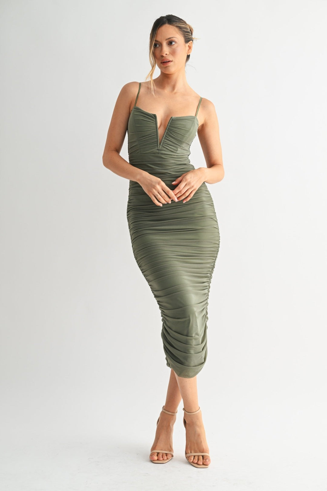 Olive Sculpted Ruche Midi Dress - STYLED BY ALX COUTUREDresses