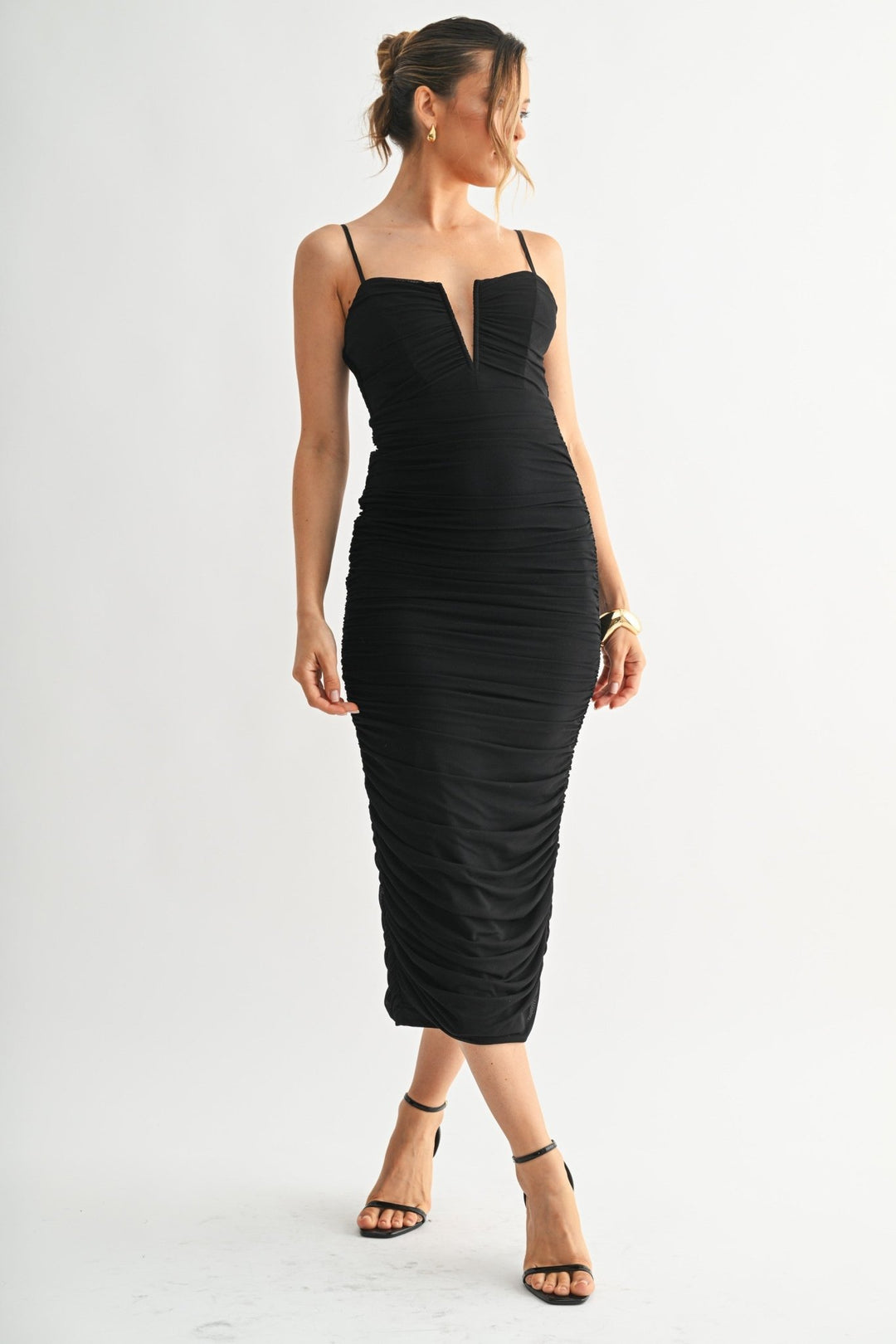 Olive Sculpted Ruche Midi Dress - STYLED BY ALX COUTUREDresses