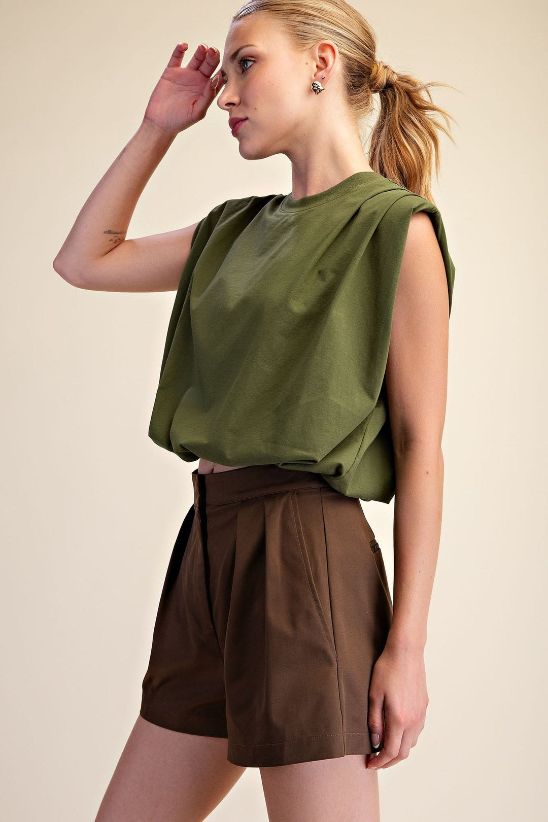 Olive Shoulder Pad Balloon Crop Top - STYLED BY ALX COUTURETops