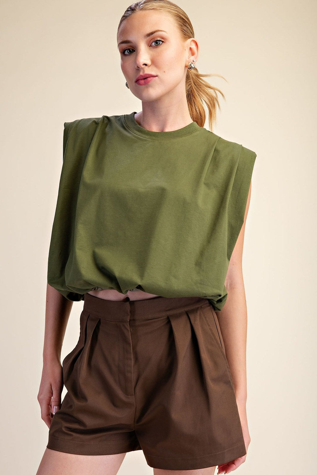 Olive Shoulder Pad Balloon Crop Top - STYLED BY ALX COUTURETops