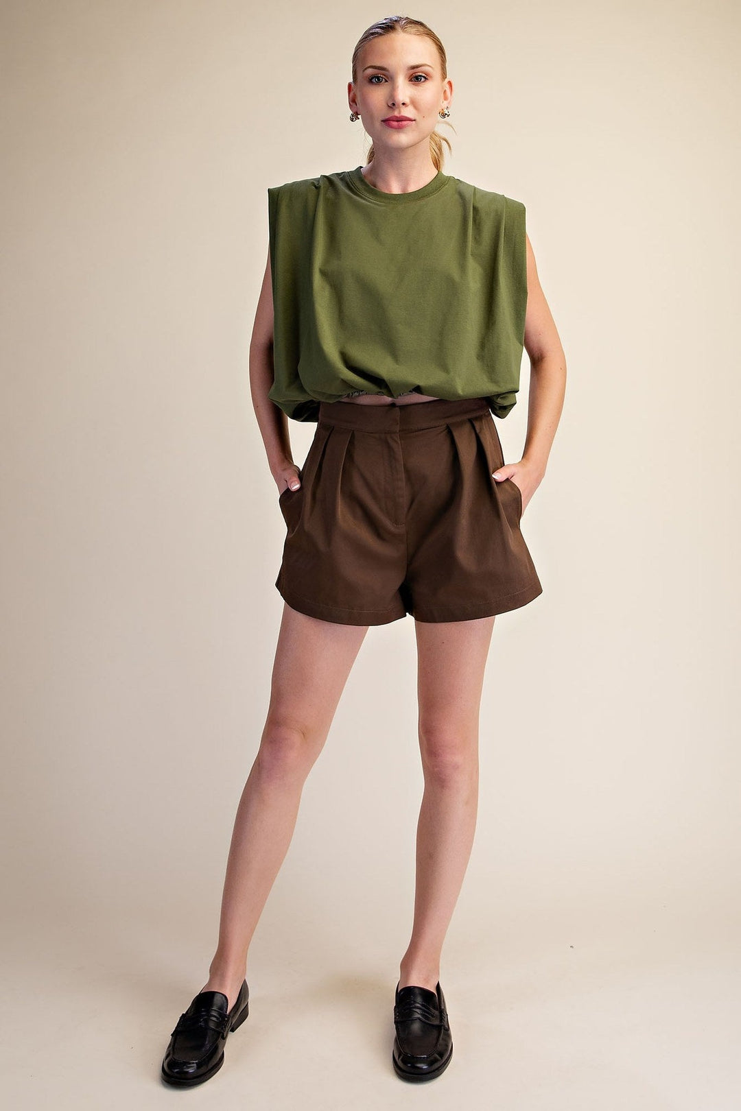 Olive Shoulder Pad Balloon Crop Top - STYLED BY ALX COUTURETops