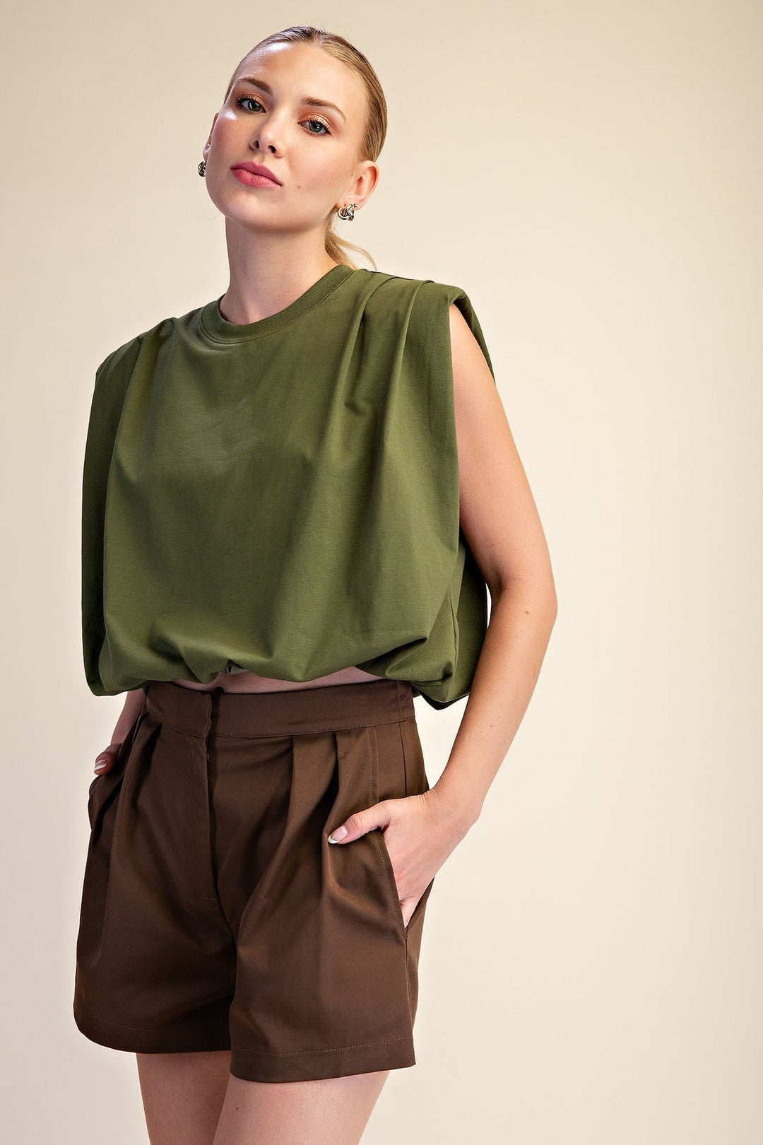 Olive Shoulder Pad Balloon Crop Top - STYLED BY ALX COUTURETops