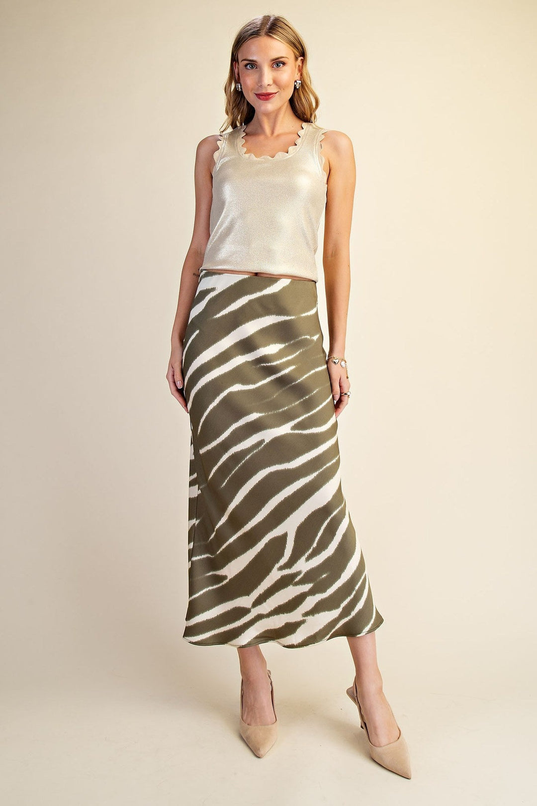 Olive Zebra Print Satin Midi Skirt - STYLED BY ALX COUTURESkirts