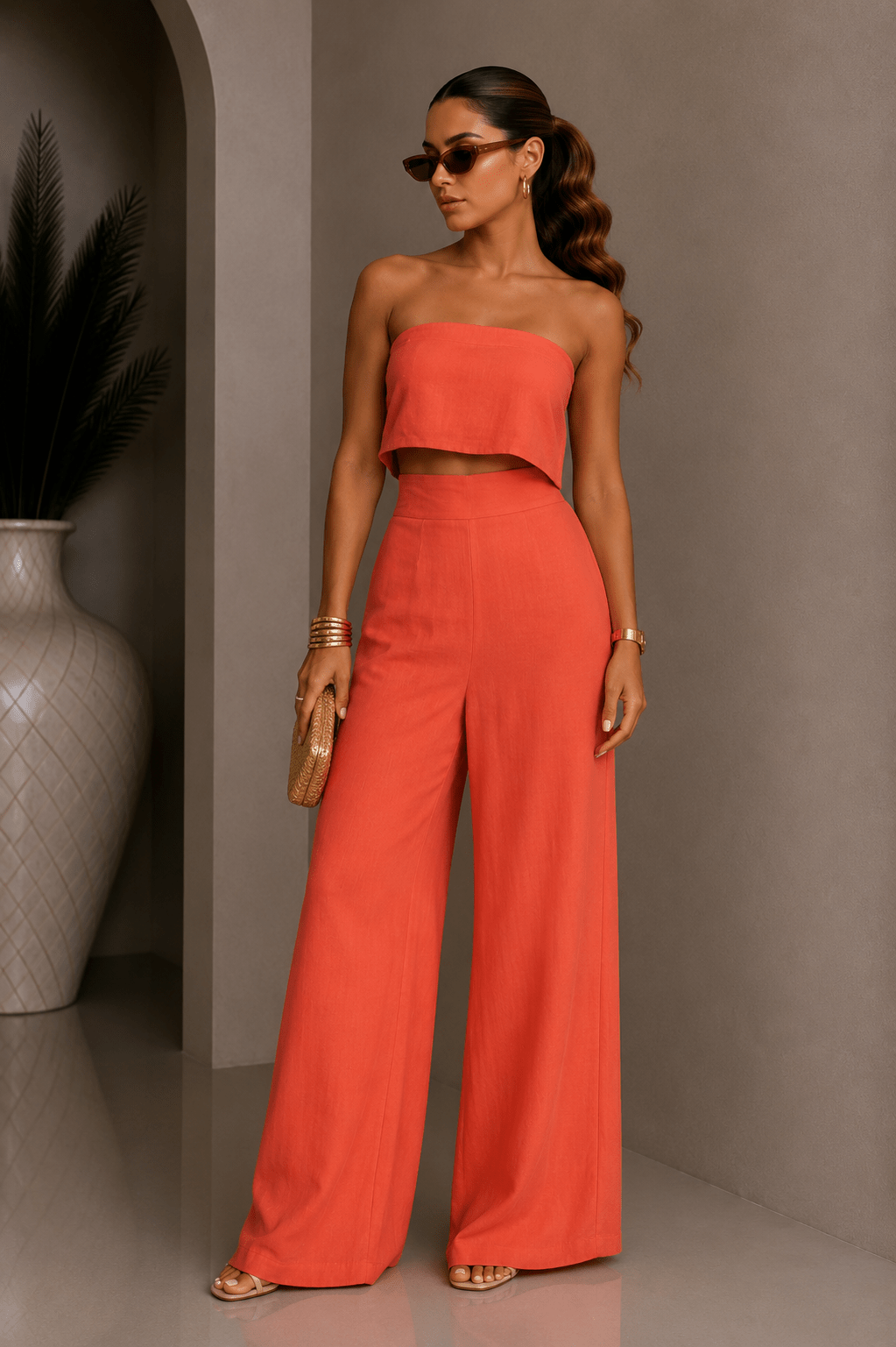 Orange Coral Strapless Linen Pants Set - STYLED BY ALX COUTUREPANT SETS