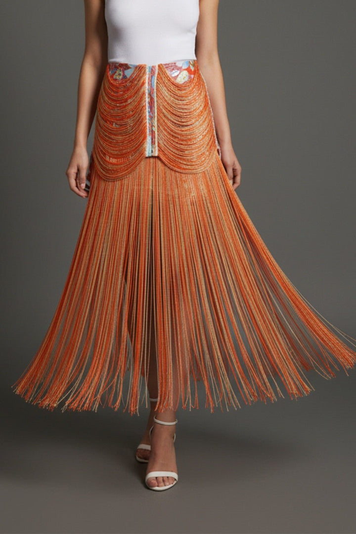 Orange Floral Fringe Midi Skirt - STYLED BY ALX COUTURESkirts