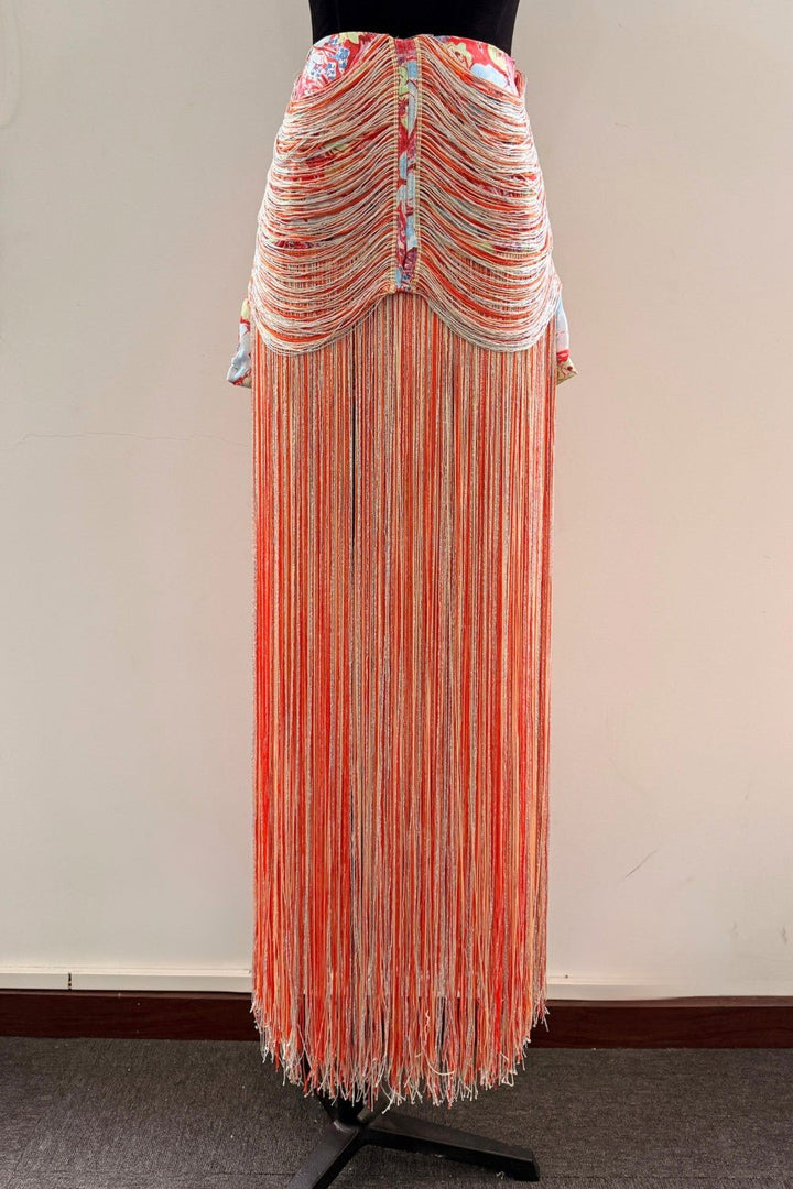 Orange Floral Fringe Midi Skirt - STYLED BY ALX COUTURESkirts