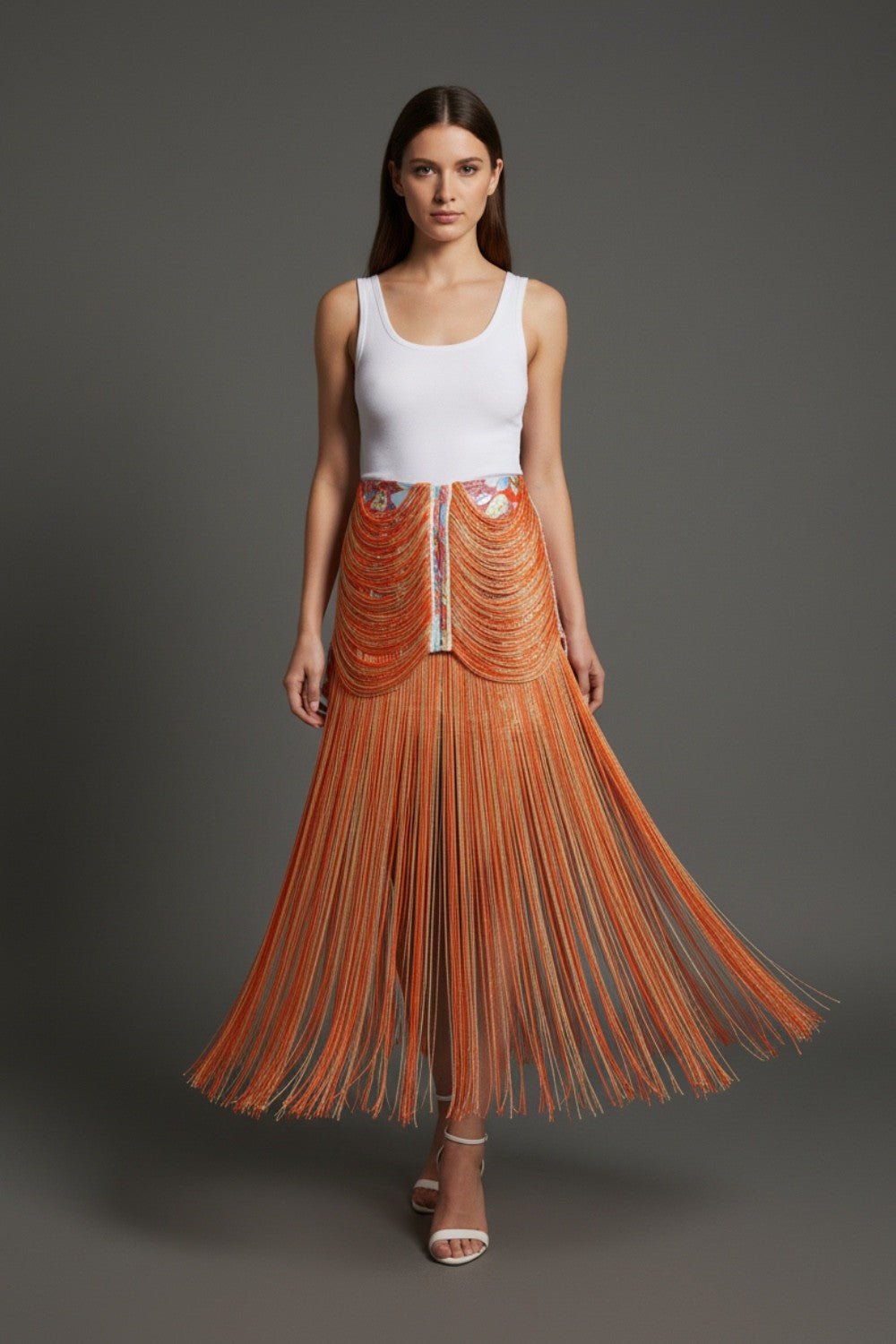 Orange Floral Fringe Midi Skirt - STYLED BY ALX COUTURESkirts