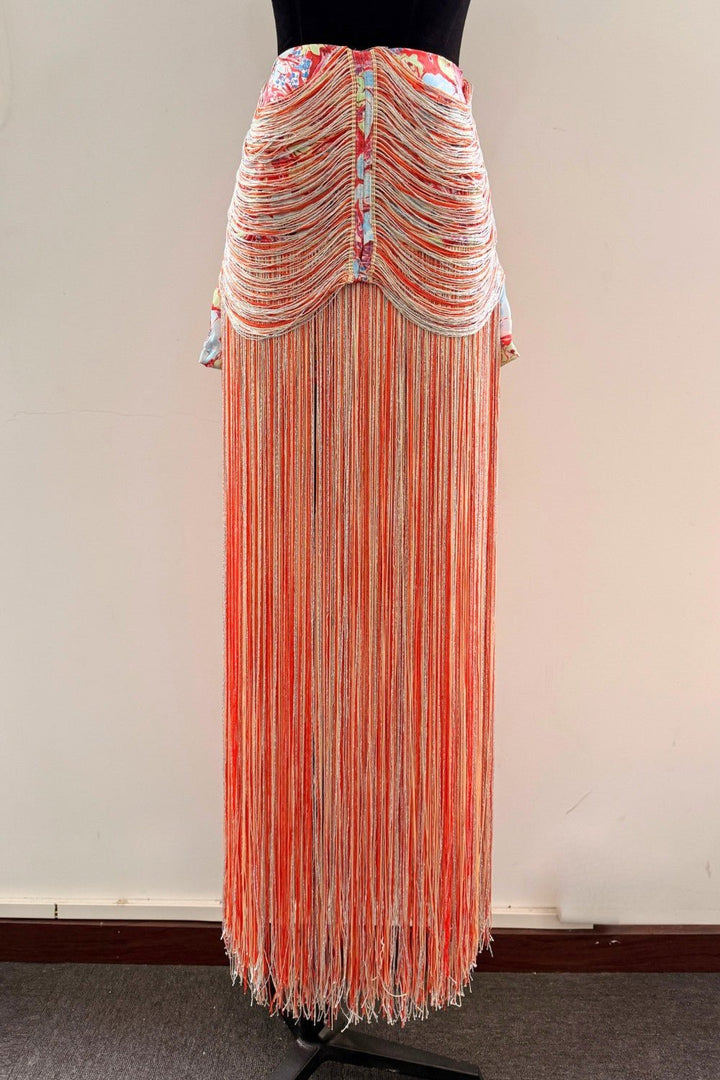 Orange Floral Fringe Midi Skirt - STYLED BY ALX COUTURESkirts