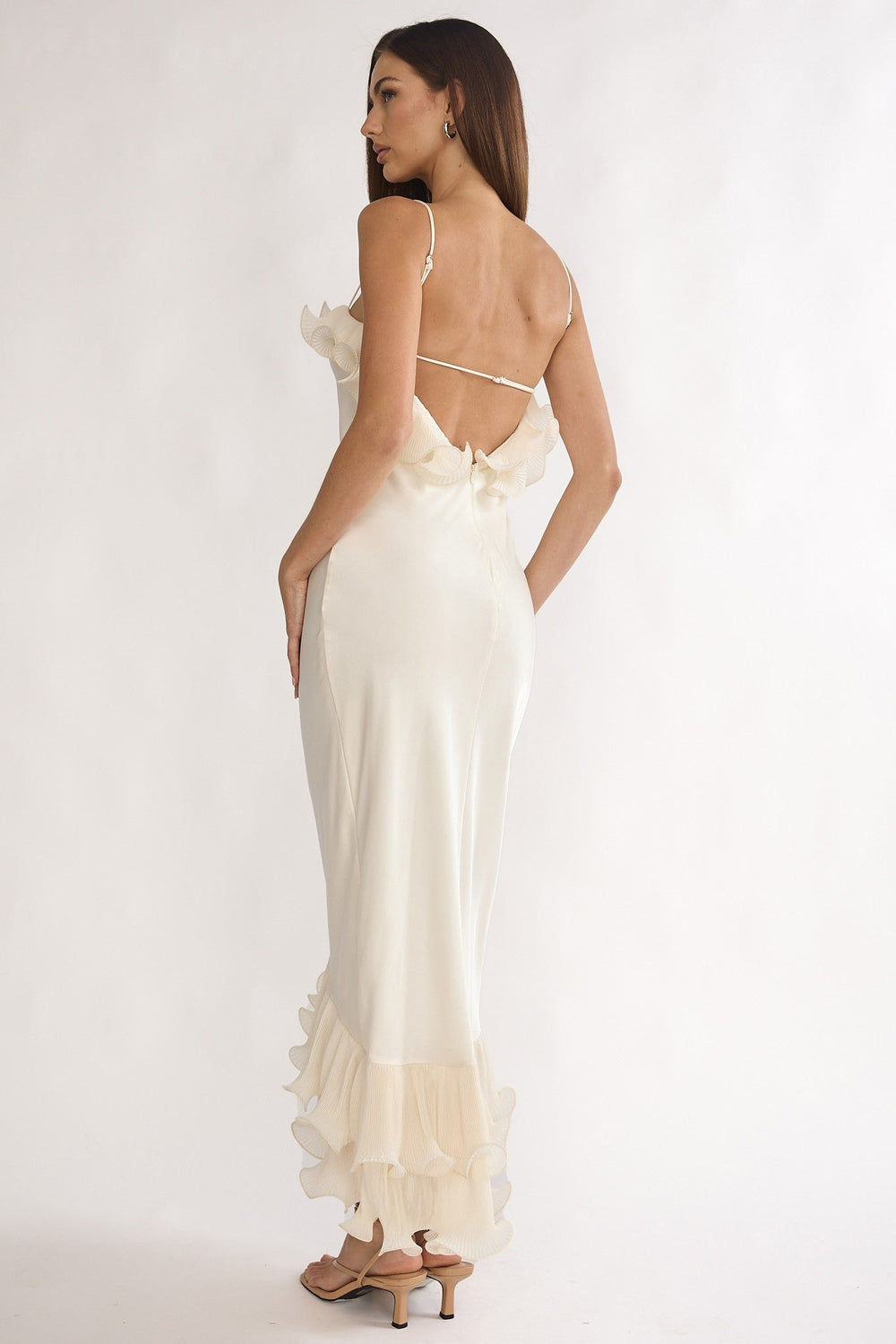 Oyster Asymmetrical Off Shoulder Ruffle Satin Midi Dress - STYLED BY ALX COUTUREDresses