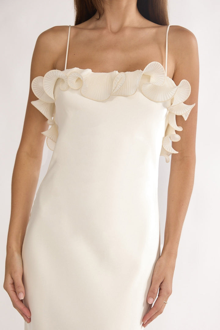 Oyster Asymmetrical Off Shoulder Ruffle Satin Midi Dress - STYLED BY ALX COUTUREDresses