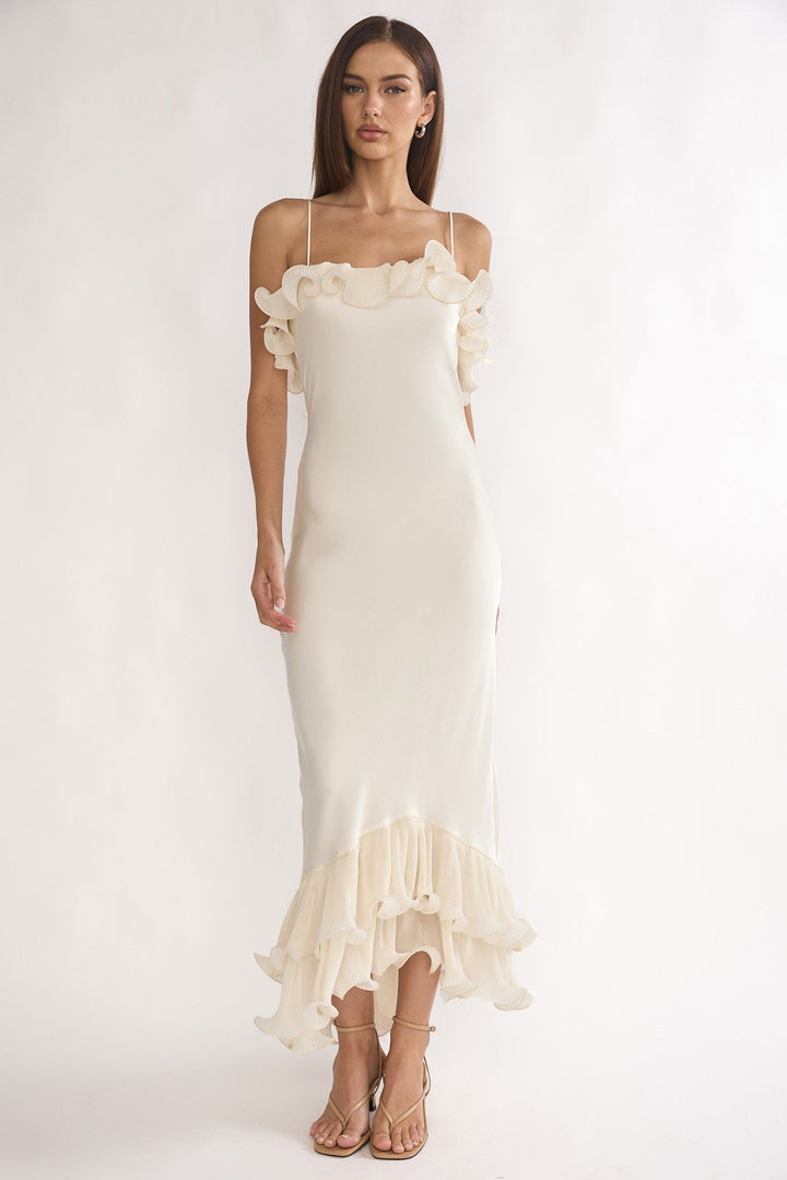 Oyster Asymmetrical Off Shoulder Ruffle Satin Midi Dress - STYLED BY ALX COUTUREDresses