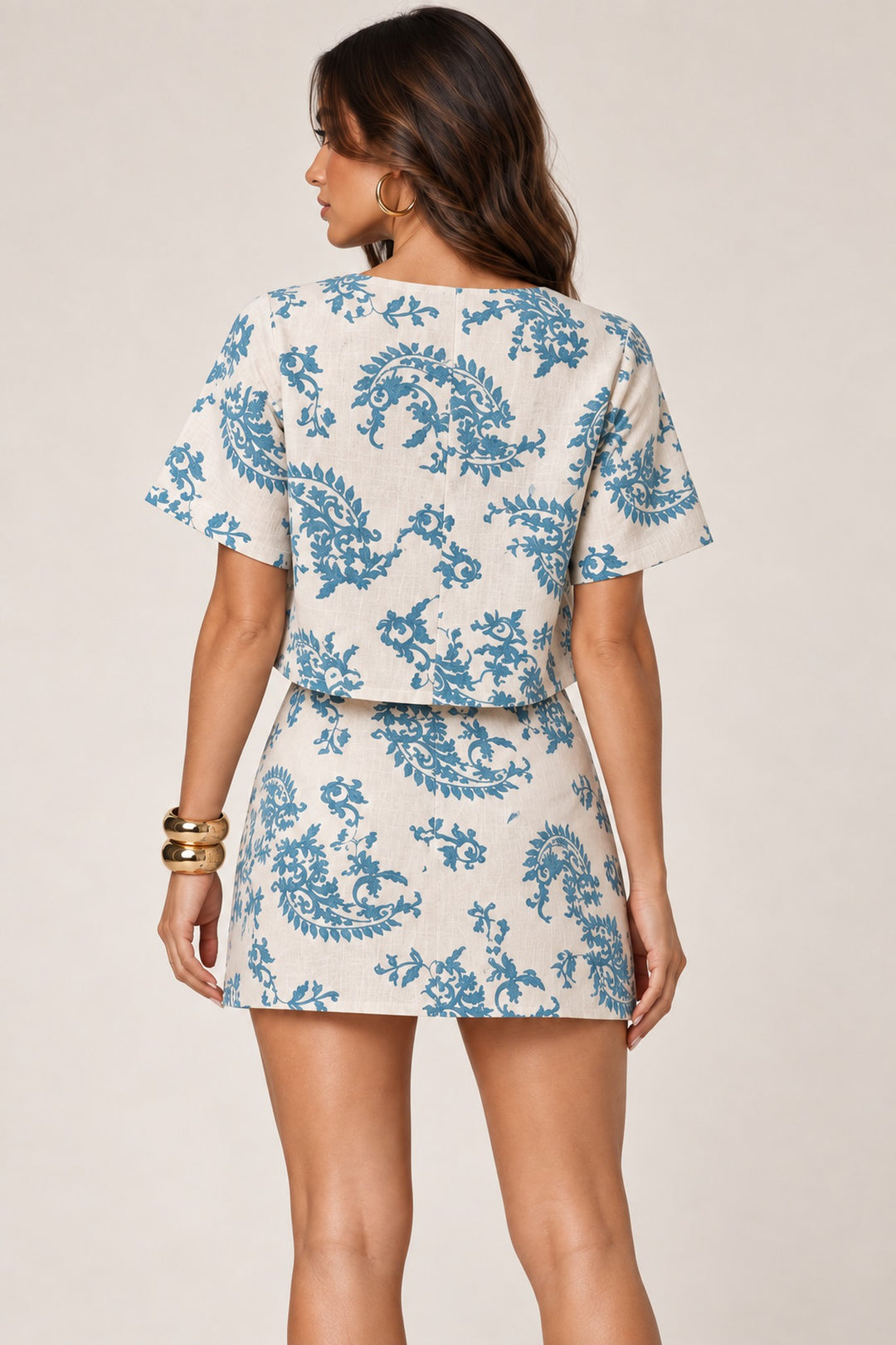 Paisley tie front top and mini skirt set, back view