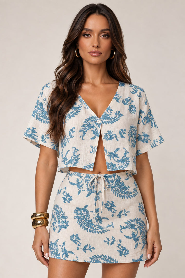 Close up of the tie front paisley top and mini skirt