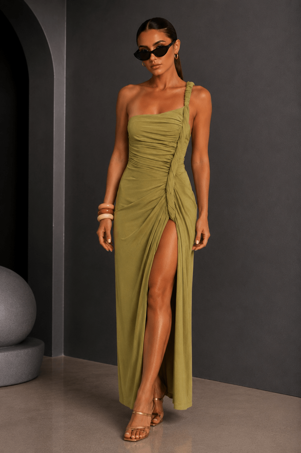 Pistachio Twisted Draped Thigh Slit Maxi Dress - STYLED BY ALX COUTUREDresses