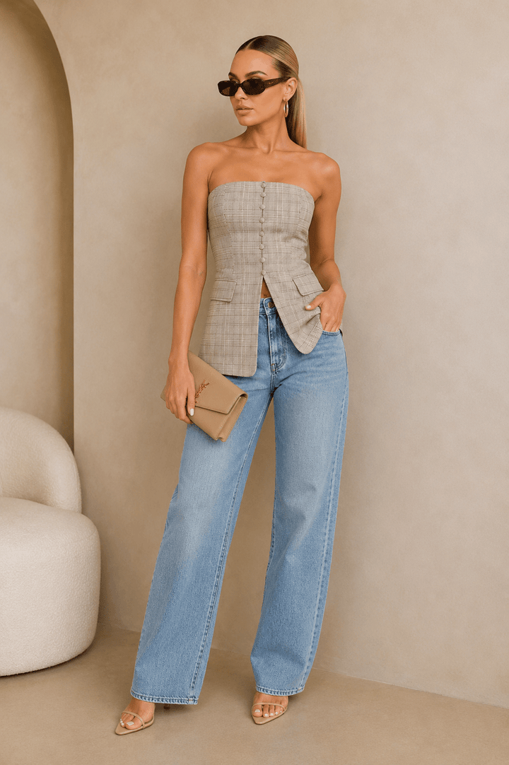 Plaid Button Down Strapless Blazer Top - STYLED BY ALX COUTUREShirts & Tops