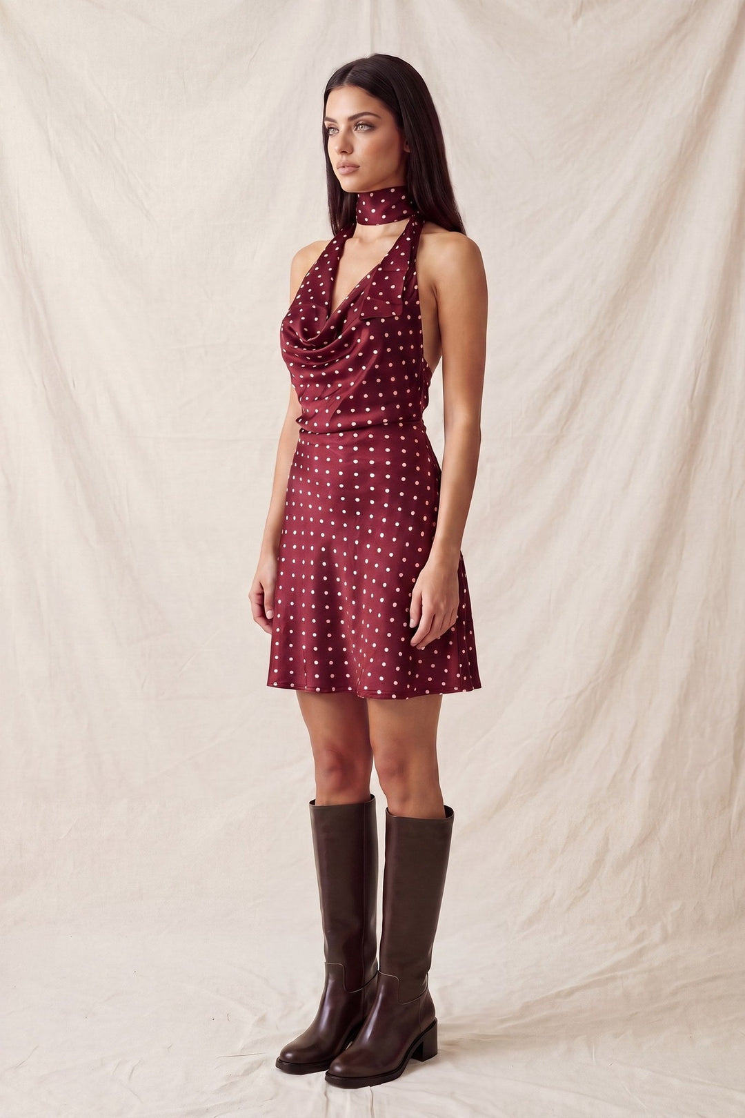Plum Cream Polka Dot Satin Halter Neck Scarf Mini Dress - STYLED BY ALX COUTUREDresses