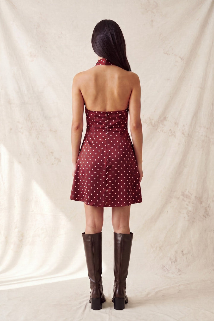 Plum Cream Polka Dot Satin Halter Neck Scarf Mini Dress - STYLED BY ALX COUTUREDresses