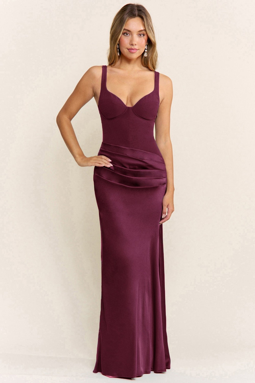 Plum satin deep V neck sleeveless maxi dress with spaghetti straps, front view