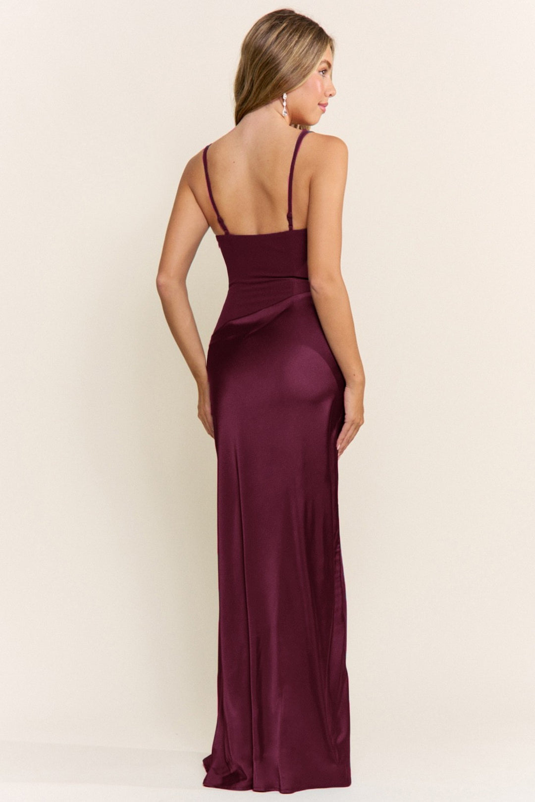Plum satin slip maxi dress, back view