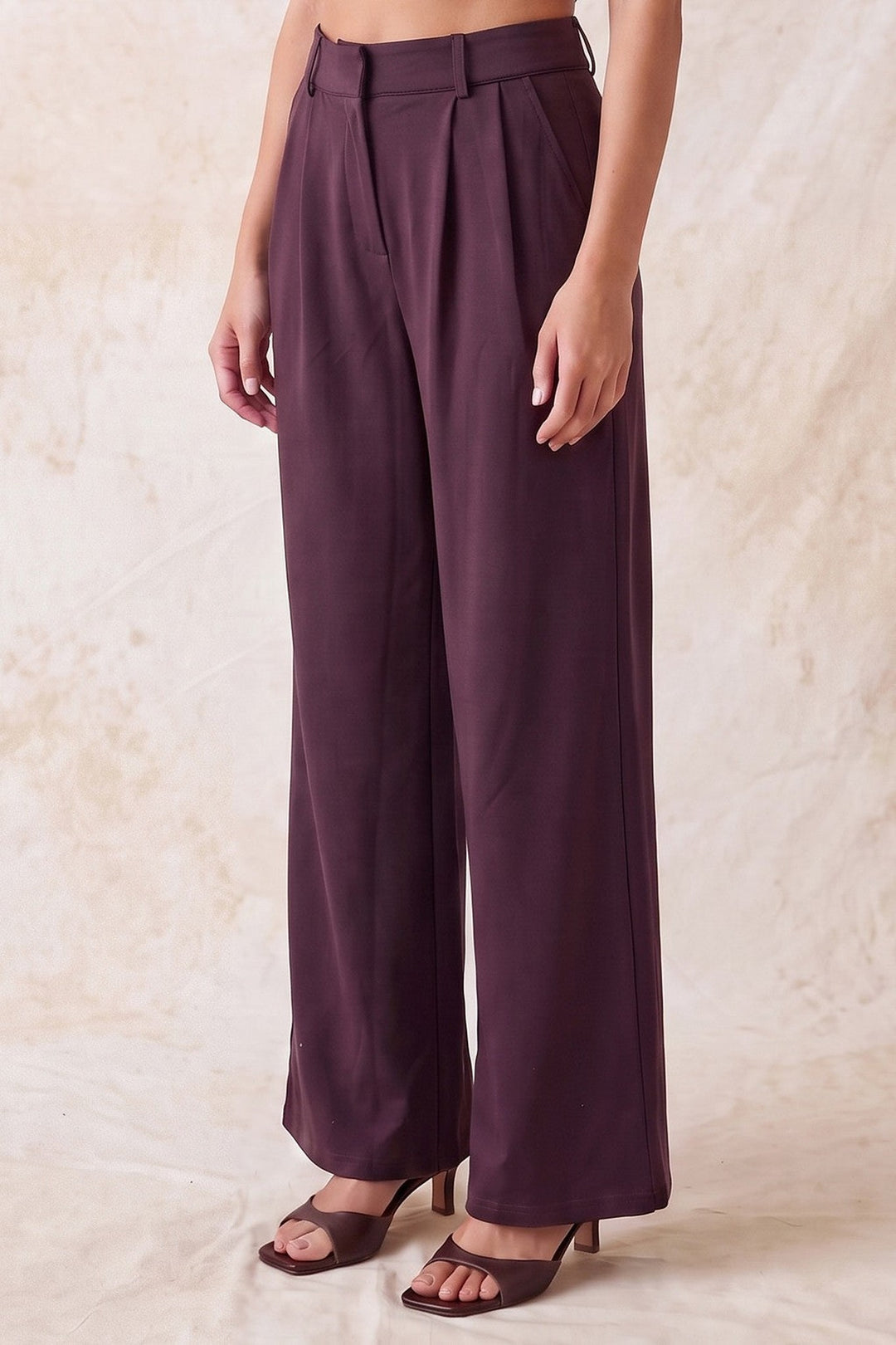 Plum double pleat wide leg pants, front view
