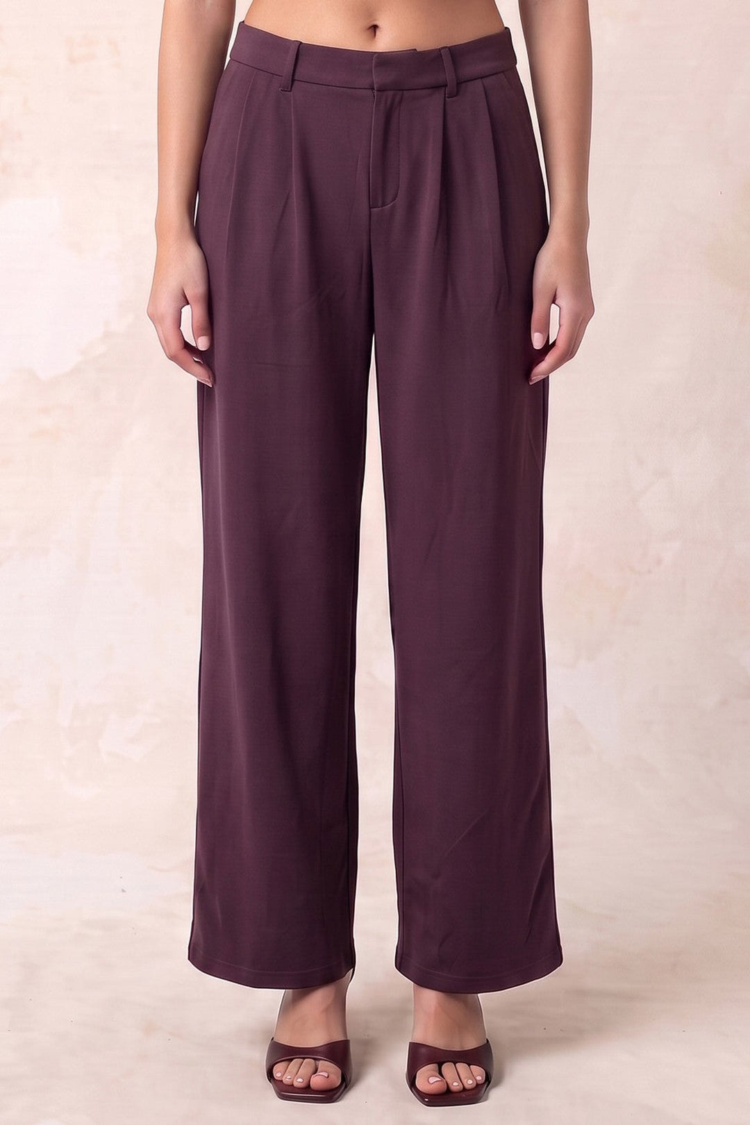 Plum wide leg pants with belt loops and side pockets, front view