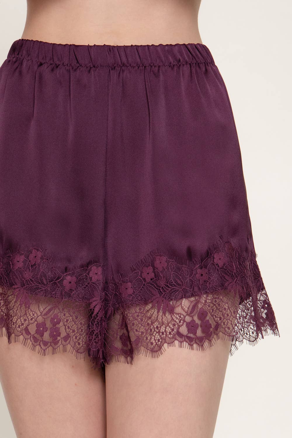 Plum Lace Trim Satin Shorts - STYLED BY ALX COUTUREShorts