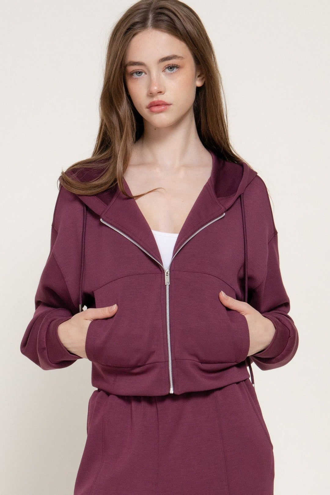 Plum Long Sleeve Soft Scuba Hoodie Jacket - STYLED BY ALX COUTURETops