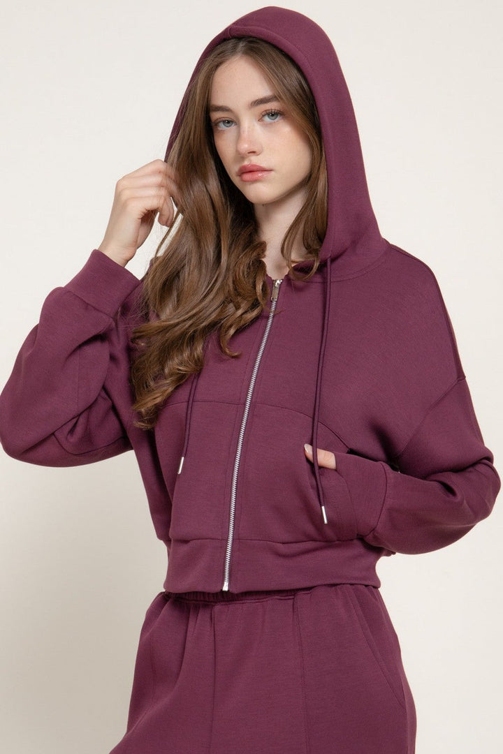 Plum Long Sleeve Soft Scuba Hoodie Jacket - STYLED BY ALX COUTURETops