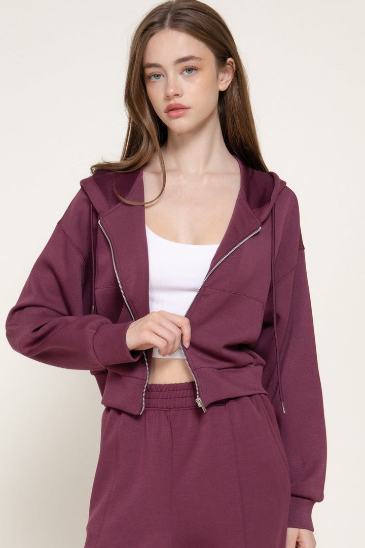 Plum soft scuba hoodie jacket, three-quarter view