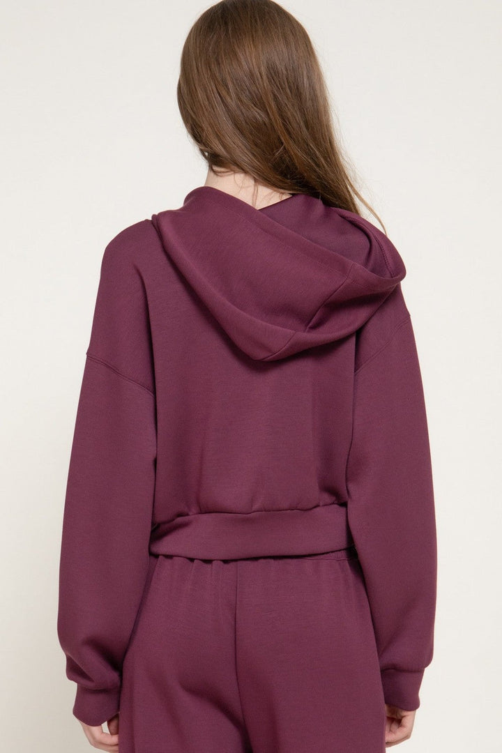 Plum Long Sleeve Soft Scuba Hoodie Jacket - STYLED BY ALX COUTURETops