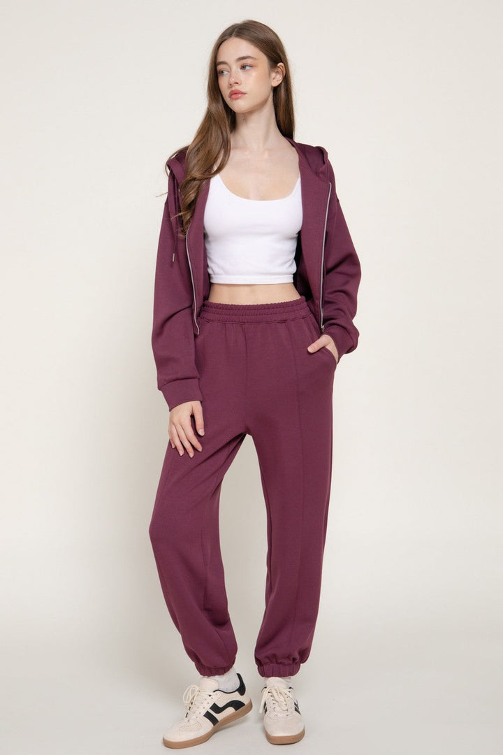 Plum joggers worn as a set with the plum soft scuba hoodie jacket